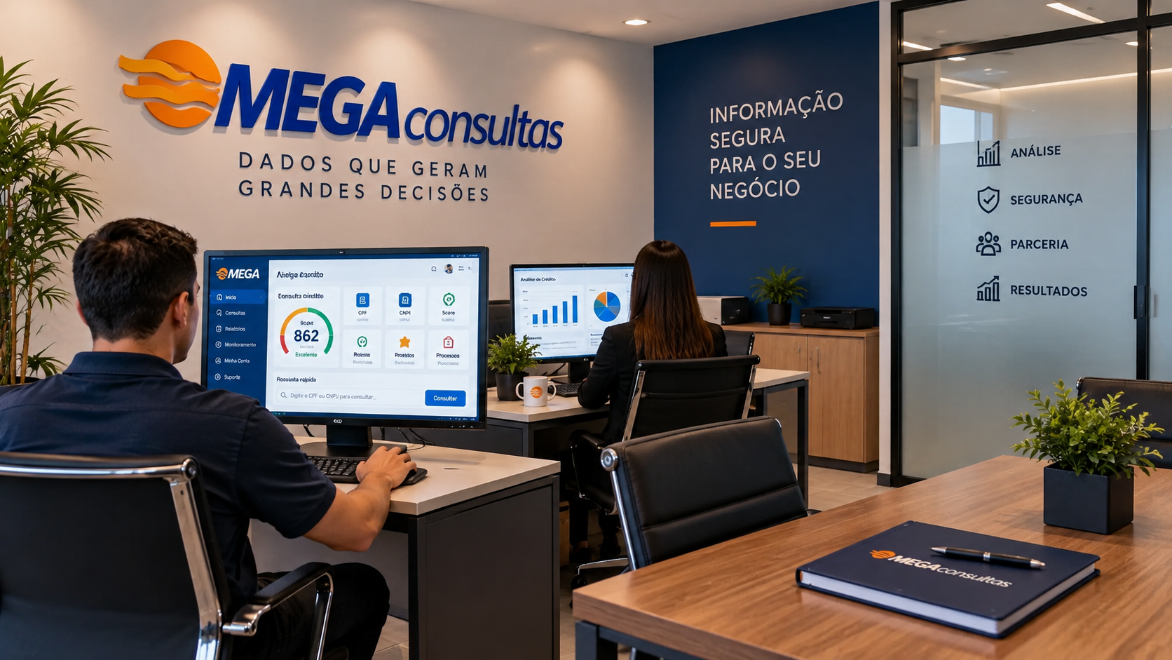 Escritório Mega Consultas com equipe e plataforma de análise de crédito